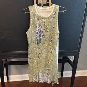 Zara short dress. White, yellow green and silver sequins.